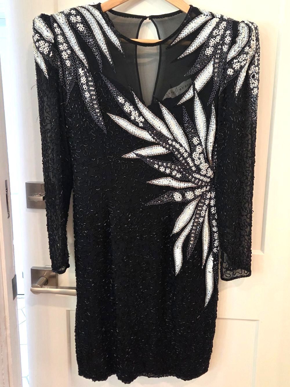 Lillie Rubin Vintage Silk Beaded Cocktail Dress 4 Black Sequin Art Deco Glam